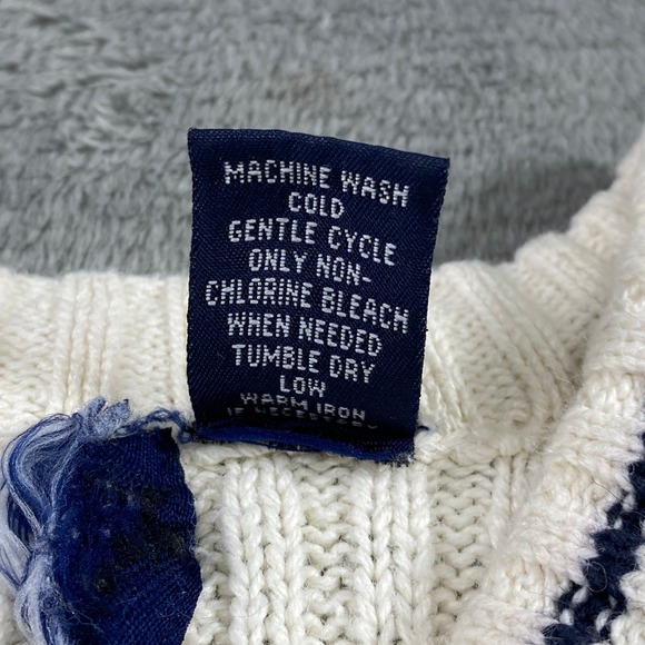 Vintage Sweater Ribbed Knit Striped V-Neck Varsity Cream Navy Sz S Tennis Preppy - Picture 8 of 10